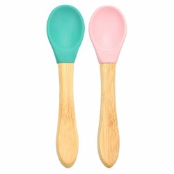 OİOİ Bambu Saplı Silikon Kaşık 2'li Yeşil-Pembe - OiOi