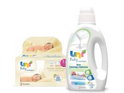 Uni Baby Yenidoğan 40 Yaprak 3'lü Paket+Uni Baby Yenidoğan 1500 ml Sıvı Çamaşır Sabunu - Uni Baby